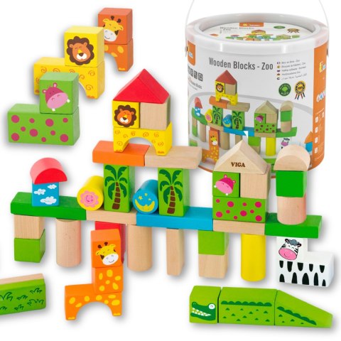 Viga Toys VIGA Drewniane Klocki Edukacyjne ZOO w Wiaderku 50 el.