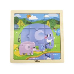 Viga Toys VIGA Poręczne Drewniane Puzzle Słoniki 9 elementów