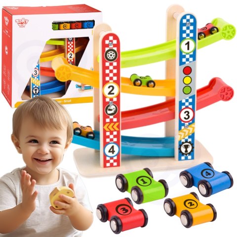 Tooky Toy TOOKY TOY Drewniany Tor Zjeżdżania dla Samochodzików + 4 Auta